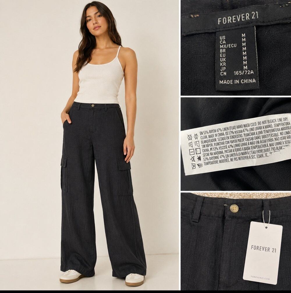 NWT Coastal Forever 21 Wide Leg Cargo Pants Size M Black Linen Rayon Blend
